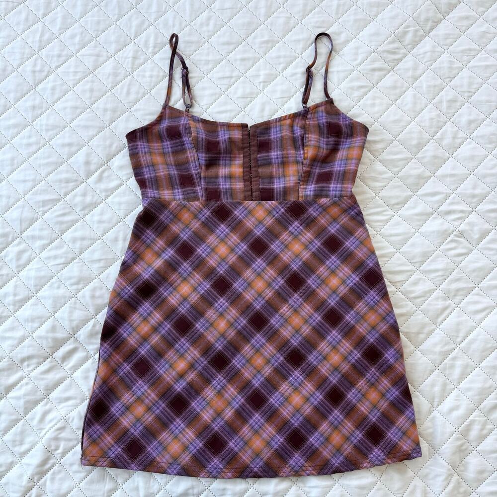 Urban Outfitters Plaid Corset Slip Dress Purple Brown Orange L Y2K Coquette Fall